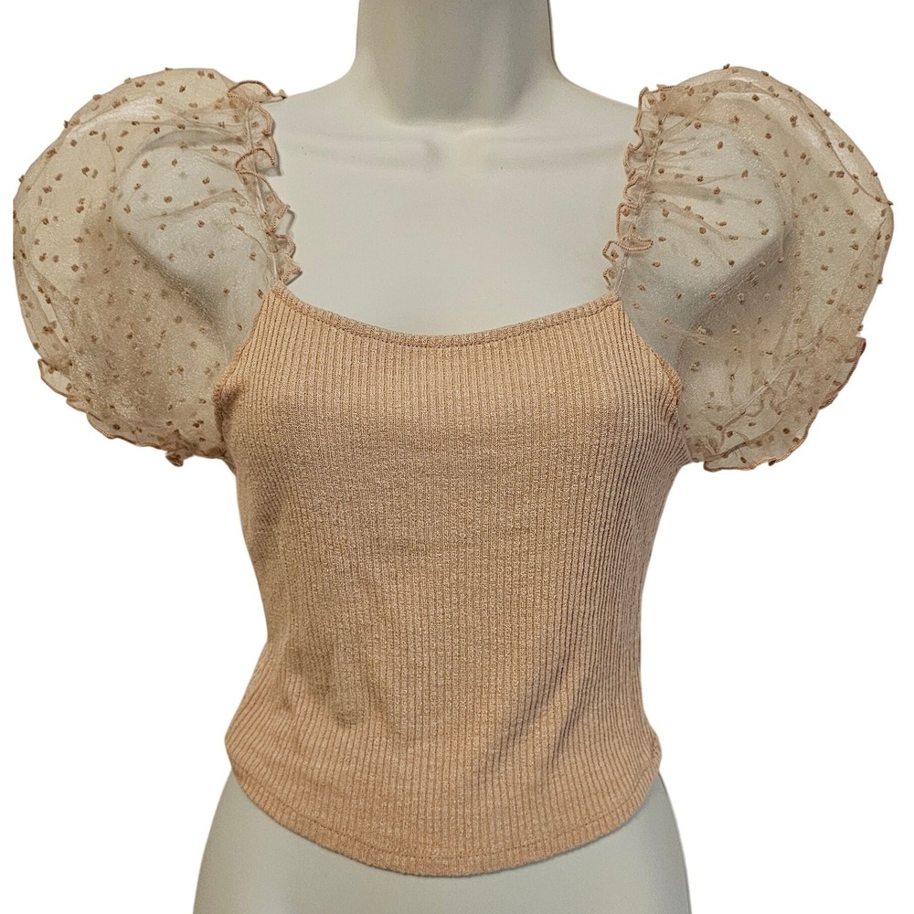 Altar'd State Tan Ribbed Knit Puff Sleeve Polka Dot Top BE22031 Medium